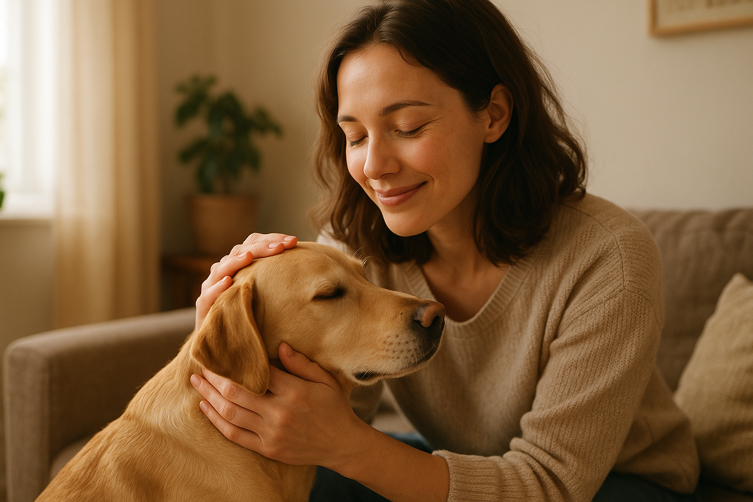 une femme qui caresse un chien 